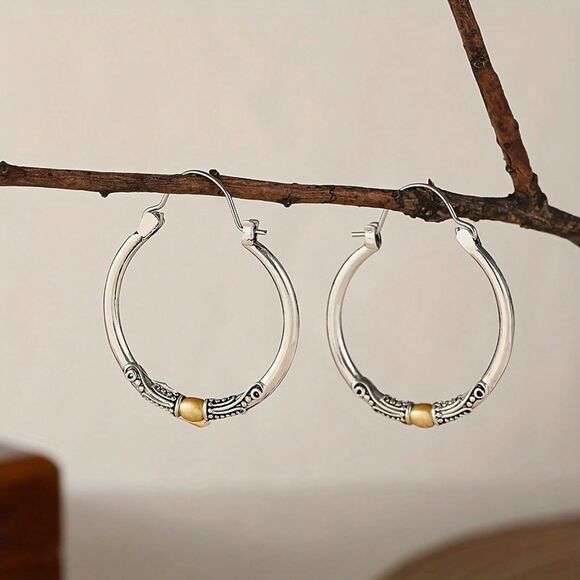Etched Silver Hoop Earrings Vintage Style Secure Back Retro Fashion Jewelry New - Picture 3 of 4